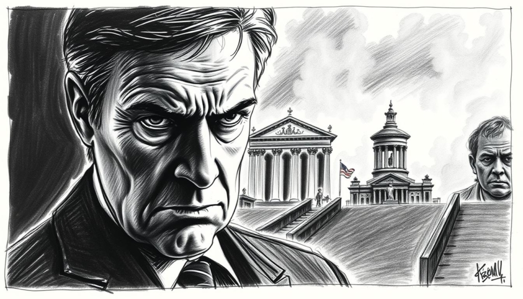 A high-contrast, black and white sketch depicting Michel Friedman in a scandalous situation, with subtle pops of color for emphasis. The foreground shows Friedman's stern, worried expression, his face partially obscured by shadows. In the middle ground, faint outlines of a courtroom or press conference setting, hinting at the legal and media scrutiny surrounding him. The background is a hazy, dreamlike landscape, conveying the complex emotional and financial fallout of the Friedman affair. The overall mood is one of tension, intrigue, and a sense of unease, reflecting the serious implications of the scandal.