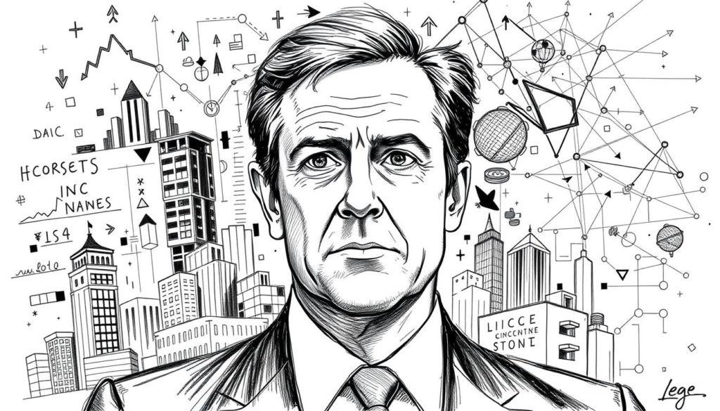A high-contrast, black and white sketch depicting the diverse income sources of Sebastian Lege. In the foreground, a detailed rendering of Lege's face, his expression conveying a sense of focused determination. Surrounding him, abstract geometric shapes and patterns representing his various business ventures and investments - stocks, real estate, and entrepreneurial endeavors, all accented with strategic pops of color. In the background, a complex network of interconnected lines and arrows, visualizing the flow of capital and the complex web of Lege's financial empire. The overall mood is one of calculated precision, highlighting Lege's strategic acumen and the breadth of his commercial success. A high-contrast, black and white sketch depicting the diverse income sources of Sebastian Lege. In the foreground, a detailed rendering of Lege's face, his expression conveying a sense of focused determination. Surrounding him, abstract geometric shapes and patterns representing his various business ventures and investments - stocks, real estate, and entrepreneurial endeavors, all accented with strategic pops of color. In the background, a complex network of interconnected lines and arrows, visualizing the flow of capital and the complex web of Lege's financial empire. The overall mood is one of calculated precision, highlighting Lege's strategic acumen and the breadth of his commercial success.