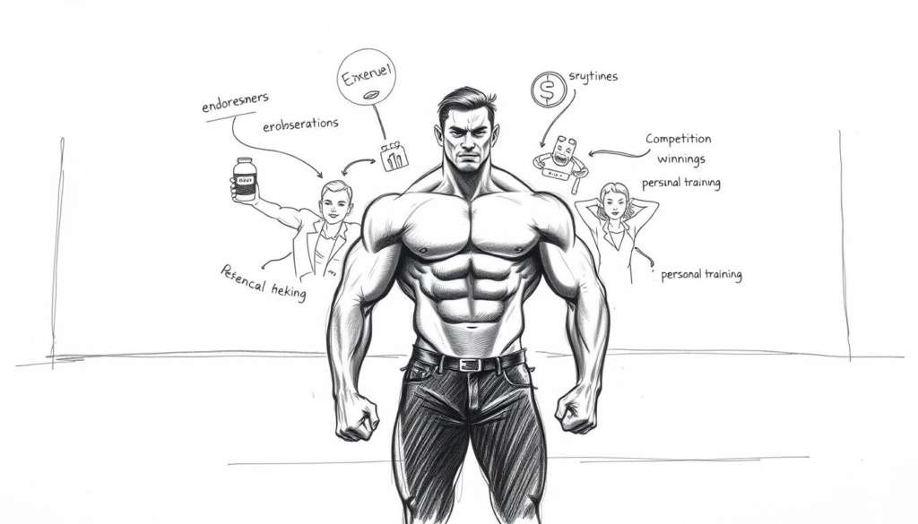 A high-contrast black-and-white sketch depicting various income streams for a professional bodybuilder. In the foreground, a muscular figure stands in a powerful pose, their physique the central focus. Behind them, layered in the middle ground, are symbolic representations of potential revenue sources - endorsements, sponsorships, competition winnings, and personal training. In the background, a sparse, minimalist setting with hints of color to draw the eye. The overall atmosphere is one of focus, determination, and the multifaceted nature of a bodybuilder's financial landscape. A high-contrast black-and-white sketch depicting various income streams for a professional bodybuilder. In the foreground, a muscular figure stands in a powerful pose, their physique the central focus. Behind them, layered in the middle ground, are symbolic representations of potential revenue sources - endorsements, sponsorships, competition winnings, and personal training. In the background, a sparse, minimalist setting with hints of color to draw the eye. The overall atmosphere is one of focus, determination, and the multifaceted nature of a bodybuilder's financial landscape.