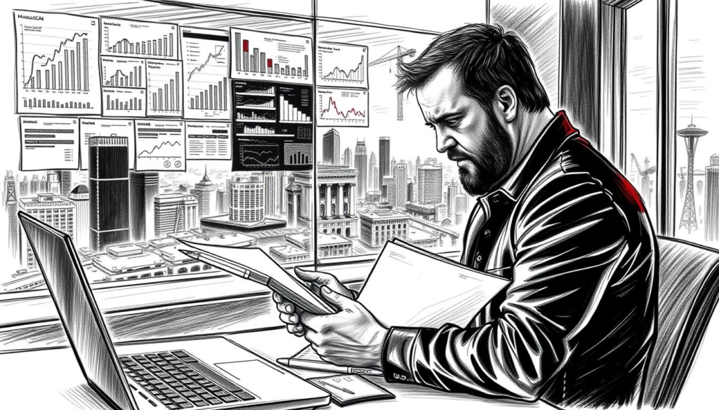 A high-contrast black and white sketch of Lars Ulrich, the iconic drummer of Metallica, engrossed in various business activities and investments. In the foreground, Lars is seated at a desk, meticulously reviewing financial documents, his expression intense and focused. The middle ground features a wall adorned with colorful graphs and charts, hinting at his diverse portfolio. In the background, a panoramic view of a bustling cityscape with skyscrapers and cranes, suggesting the scope of his commercial ventures. Subtle splashes of color, such as the gleam of a pen or the sheen of a laptop, draw the eye to key details. The overall atmosphere conveys Lars' industrious nature and his ability to navigate the complex world of business.