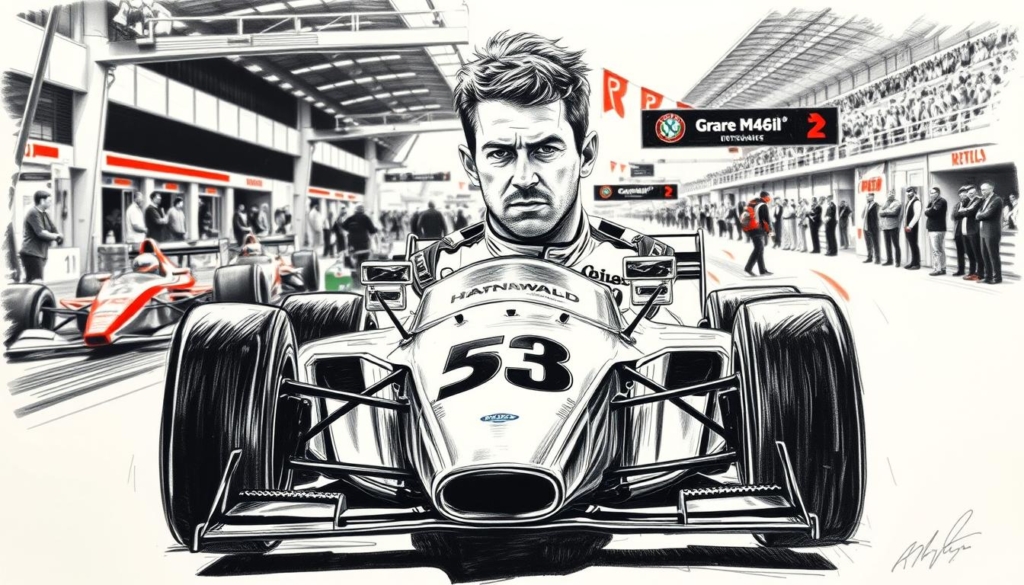 A high-contrast black-and-white sketch of Sven Hannawald's motorsport career, with pops of color highlighting key elements. In the foreground, a detailed rendering of Hannawald's racecar, its sleek lines and powerful engine conveying his competitive spirit. The midground features Hannawald himself, his determined expression and racing attire suggesting his focus and dedication. In the background, a blurred montage of racing circuits, pit crews, and cheering fans, creating a sense of dynamism and immersion. The lighting is dramatic, with chiaroscuro effects casting bold shadows and emphasizing the subject's athleticism. The overall mood is one of intensity, professionalism, and Hannawald's relentless pursuit of success in the world of motorsports. A high-contrast black-and-white sketch of Sven Hannawald's motorsport career, with pops of color highlighting key elements. In the foreground, a detailed rendering of Hannawald's racecar, its sleek lines and powerful engine conveying his competitive spirit. The midground features Hannawald himself, his determined expression and racing attire suggesting his focus and dedication. In the background, a blurred montage of racing circuits, pit crews, and cheering fans, creating a sense of dynamism and immersion. The lighting is dramatic, with chiaroscuro effects casting bold shadows and emphasizing the subject's athleticism. The overall mood is one of intensity, professionalism, and Hannawald's relentless pursuit of success in the world of motorsports.