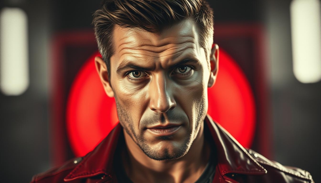 A high-contrast, semi-photorealistic portrait of German reality TV star Eric Sindermann, captured in a dynamic pose against a blurred background. Sindermann's distinct facial features and expressive gaze are rendered in crisp detail, with carefully applied highlights and shadows to accentuate his chiseled jawline and piercing eyes. The scene is bathed in a moody, dramatic lighting that casts dramatic shadows, creating a sense of intrigue and intensity. Subtle pops of color, like the vibrant red of Sindermann's signature leather jacket, add visual interest and draw the viewer's focus to the central subject. The overall composition and styling evokes the high-stakes, high-drama world of reality television that propelled Sindermann to fame.