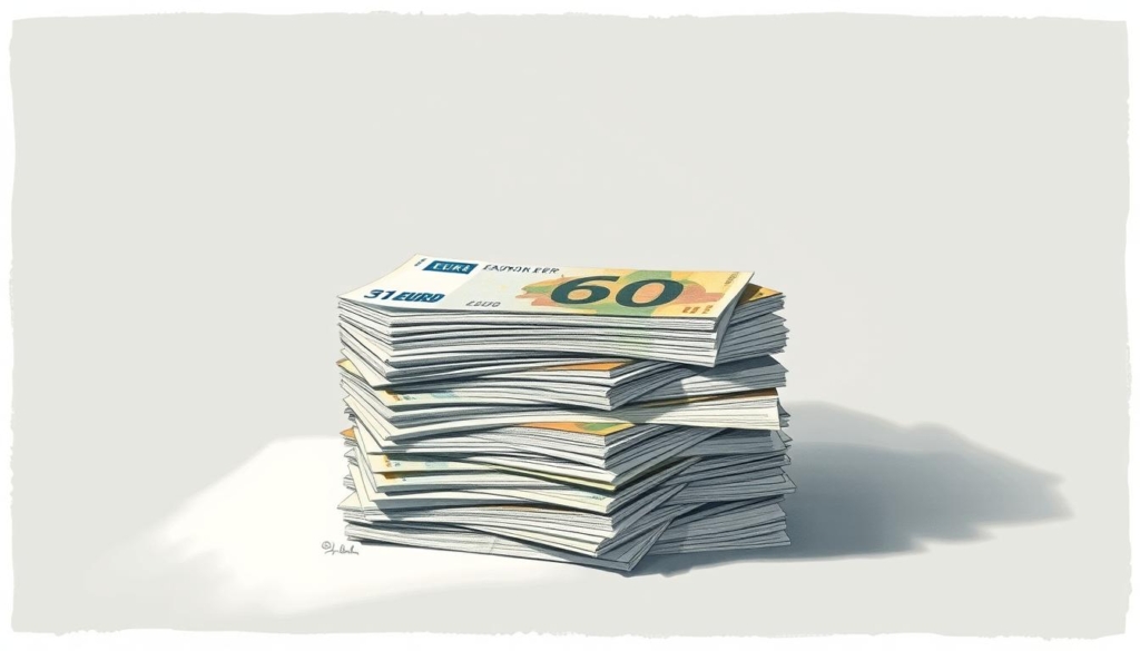 A high-resolution photorealistic illustration showcasing a large stack of Euro bills, rendered in a muted, monochromatic palette with subtle touches of color. The stack dominates the foreground, casting dramatic shadows that extend across the frame. The background is minimalist, allowing the money to be the focal point. The lighting is soft and directional, creating depth and dimension. The overall mood is one of contemplation and financial significance, reflecting the careful analysis of Helge Schneider's estimated wealth.