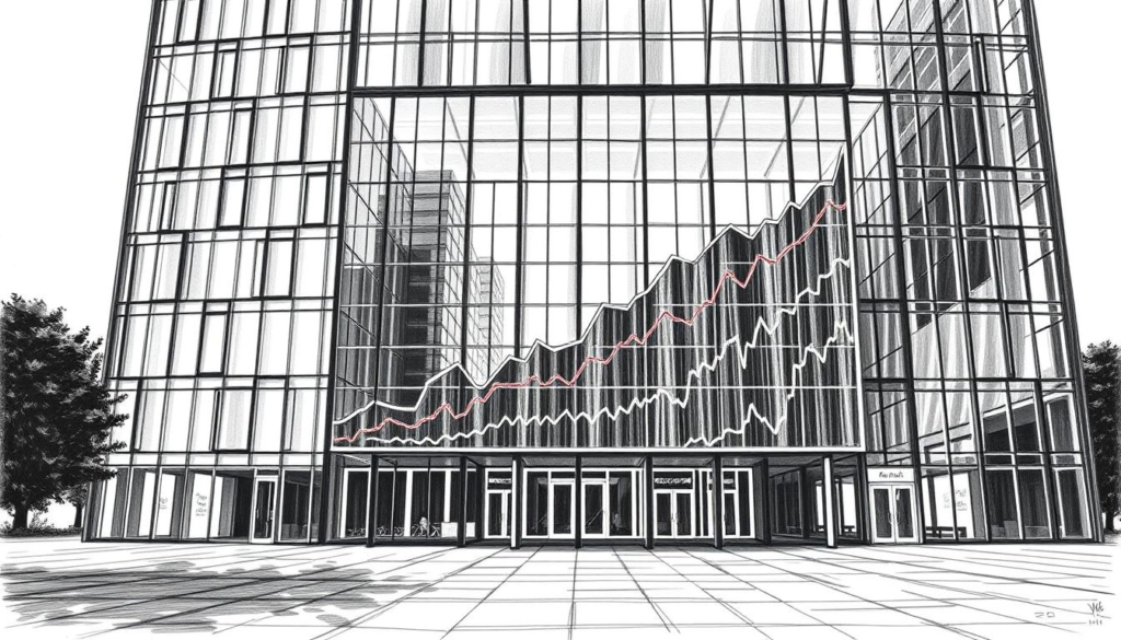 A high-rise corporate office building, its facade gleaming with glass and steel, stands as a symbol of Red Bull's financial success. Inside, an intricate line chart tracks the steady growth of the company's revenue and executive compensation over the years, rendered in a striking black and white palette with subtle splashes of color highlighting key data points. The scene conveys the modern, data-driven nature of the "Gehalt und Boni" that have become a crucial part of Helmut Marko's wealth and the overall Red Bull empire.