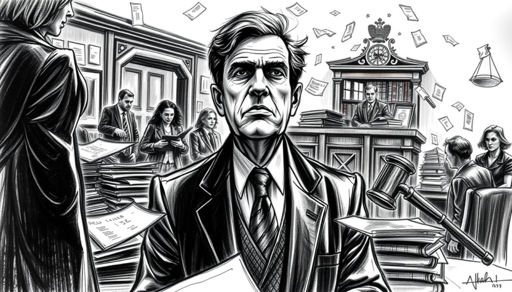 A high-stakes legal battle unfolds, with a somber Frank Hanebuth at the center, surrounded by a maze of documents, courtrooms, and the weight of financial consequences. Stark black-and-white sketches capture the tense atmosphere, punctuated by subtle pops of color that draw the eye to key details - a stack of files, a stern judge's gavel, or Hanebuth's pensive expression. Dramatic lighting casts dramatic shadows, heightening the sense of legal drama and personal stakes. The scene conveys the gravity and complexity of Hanebuth's legal entanglements, hinting at the financial toll they have taken.