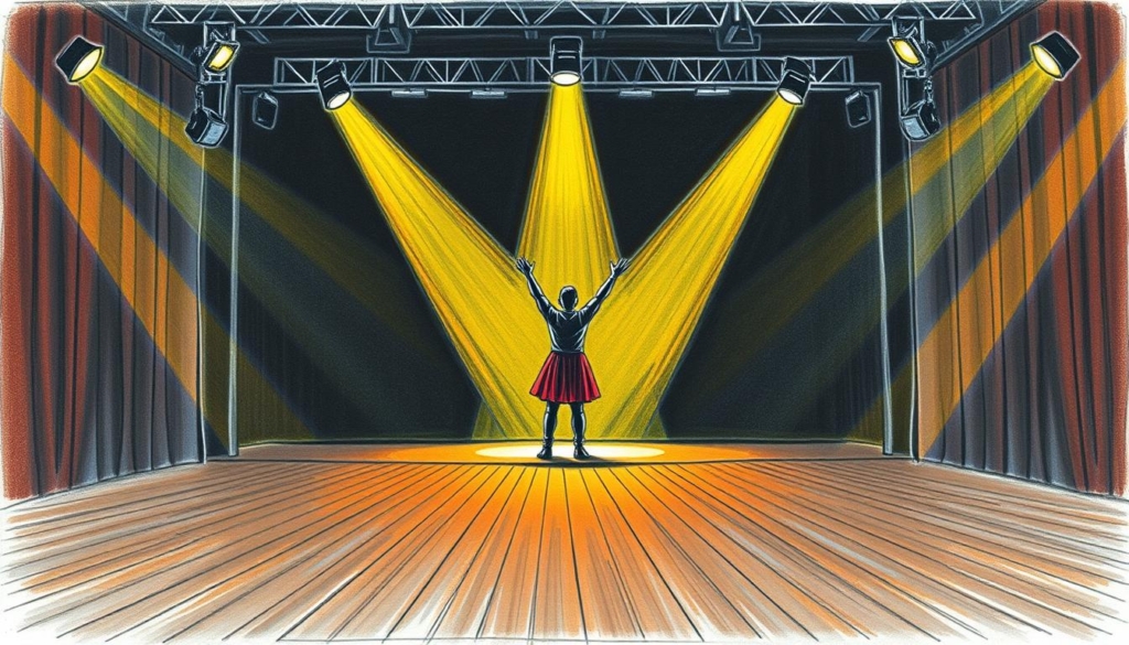 A large stage with a dramatic spotlight illuminating the center, casting long shadows across the scene. The backdrop is a plain black curtain, allowing the focus to remain on the performer. The stage floor is made of dark hardwood, adding depth and texture. The lighting is a mix of warm amber tones and cool blue hues, creating a sense of anticipation and energy. The performer, dressed in a bold, colorful costume, stands center stage, arms raised in a triumphant pose, ready to captivate the audience with a stunning comeback performance. Pencil sketched with selective pops of color to highlight the key elements. A large stage with a dramatic spotlight illuminating the center, casting long shadows across the scene. The backdrop is a plain black curtain, allowing the focus to remain on the performer. The stage floor is made of dark hardwood, adding depth and texture. The lighting is a mix of warm amber tones and cool blue hues, creating a sense of anticipation and energy. The performer, dressed in a bold, colorful costume, stands center stage, arms raised in a triumphant pose, ready to captivate the audience with a stunning comeback performance. Pencil sketched with selective pops of color to highlight the key elements.