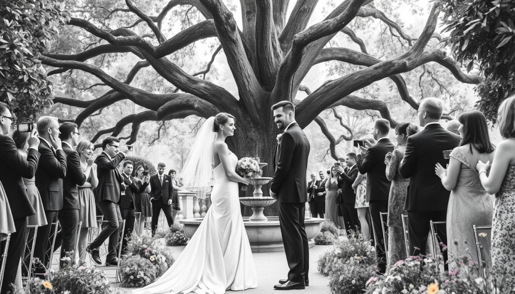 A lavish wedding ceremony in a lush garden. The bride, Sylvia Birr, stands radiant in a flowing white gown, her face framed by a delicate veil. The groom, his dark suit perfectly tailored, gazes adoringly at his beloved. Around them, guests in formal attire mingle, capturing the moment with camera flashes. In the background, a towering oak tree casts dappled shadows, and a stone fountain glistens under the soft, diffused light. The scene exudes a sense of timeless elegance, with a touch of whimsical charm in the form of colorful wildflowers scattered throughout the frame. Rendered in a striking black and white palette, with subtle pops of color highlighting the bridal bouquet and the couple's eyes, this image perfectly encapsulates the joy and love of Sylvia Birr's wedding day.