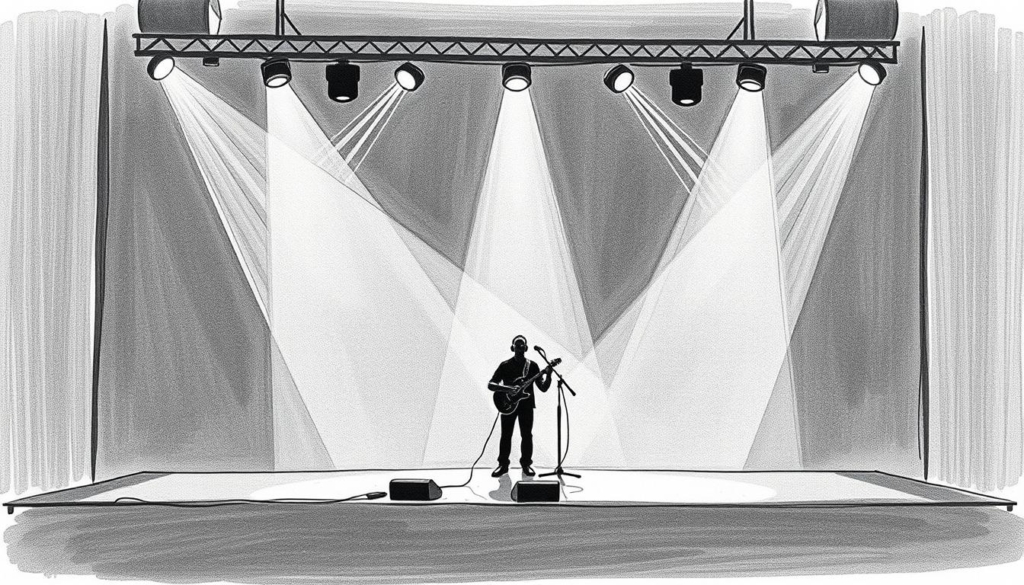A live concert stage with a microphone stand, spotlight, and a single musician - Bernhard Brink - performing on stage. The stage is dimly lit, with a moody, atmospheric lighting that casts dramatic shadows. The background is a simple, minimalist design, with a subtle, textured pattern or gradient that adds depth and interest. The overall aesthetic is a stylized, black and white illustration with selective pops of color, such as a blue or red accent on the microphone or a spotlight. The composition emphasizes the performer, conveying a sense of energy, focus, and the excitement of a live performance.