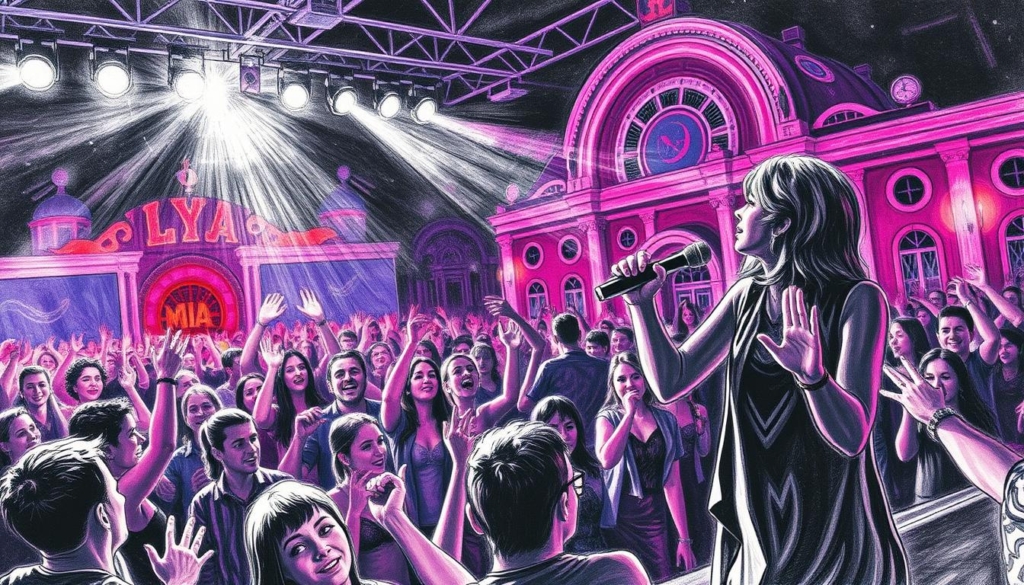 A lively Ballermann performance on a warm summer night, with a captivating female singer commanding the stage. The scene is bathed in a mix of bright spotlights and neon hues, casting dramatic shadows and highlights across the energetic crowd. In the foreground, the singer gestures expressively, her microphone in hand, while the middle ground is filled with a sea of outstretched arms and dancing revelers. The background reveals the iconic Ballermann architecture, lending an authentic atmosphere to the electrifying event. The image is rendered in a striking black-and-white palette, punctuated by selective color accents that draw the eye to key elements, conveying the vibrant, high-energy spirit of this iconic Mia Julia performance. A lively Ballermann performance on a warm summer night, with a captivating female singer commanding the stage. The scene is bathed in a mix of bright spotlights and neon hues, casting dramatic shadows and highlights across the energetic crowd. In the foreground, the singer gestures expressively, her microphone in hand, while the middle ground is filled with a sea of outstretched arms and dancing revelers. The background reveals the iconic Ballermann architecture, lending an authentic atmosphere to the electrifying event. The image is rendered in a striking black-and-white palette, punctuated by selective color accents that draw the eye to key elements, conveying the vibrant, high-energy spirit of this iconic Mia Julia performance.