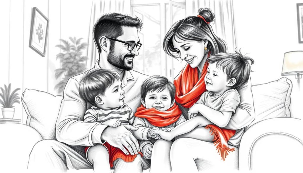 A loving family of four - a father, mother, and two young children - gathered in their cozy, sun-drenched living room. The scene is rendered in a striking black-and-white palette, with subtle pops of color highlighting meaningful details: a vibrant red scarf, the gleam of a golden wedding band, the warm glow of a table lamp. The subjects are depicted with a sense of intimacy and tenderness, their poses relaxed and affectionate, conveying the close-knit bonds of this private, domestic realm. Soft shadows and diffused lighting lend an air of tranquility, inviting the viewer to step into this moment of family togetherness. A loving family of four - a father, mother, and two young children - gathered in their cozy, sun-drenched living room. The scene is rendered in a striking black-and-white palette, with subtle pops of color highlighting meaningful details: a vibrant red scarf, the gleam of a golden wedding band, the warm glow of a table lamp. The subjects are depicted with a sense of intimacy and tenderness, their poses relaxed and affectionate, conveying the close-knit bonds of this private, domestic realm. Soft shadows and diffused lighting lend an air of tranquility, inviting the viewer to step into this moment of family togetherness.