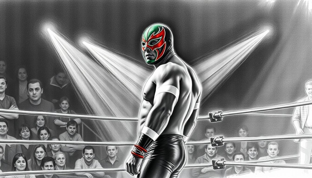 A luchador in a colorful mask and spandex outfit stands in a dimly lit, gritty arena, preparing to enter the wrestling ring. The foreground is sharp, with the wrestler's muscular physique and intricate costume details visible. The middle ground features the crowd, their faces obscured in shadow, creating an atmosphere of anticipation. In the background, the ring ropes and turnbuckles are visible, casting long shadows across the scene. The image is rendered in a stark black-and-white palette, with selective pops of color - the wrestler's vibrant mask, perhaps a splash of red or green in the crowd. The overall mood is one of high drama and the raw energy of the Lucha Libre tradition. A luchador in a colorful mask and spandex outfit stands in a dimly lit, gritty arena, preparing to enter the wrestling ring. The foreground is sharp, with the wrestler's muscular physique and intricate costume details visible. The middle ground features the crowd, their faces obscured in shadow, creating an atmosphere of anticipation. In the background, the ring ropes and turnbuckles are visible, casting long shadows across the scene. The image is rendered in a stark black-and-white palette, with selective pops of color - the wrestler's vibrant mask, perhaps a splash of red or green in the crowd. The overall mood is one of high drama and the raw energy of the Lucha Libre tradition.