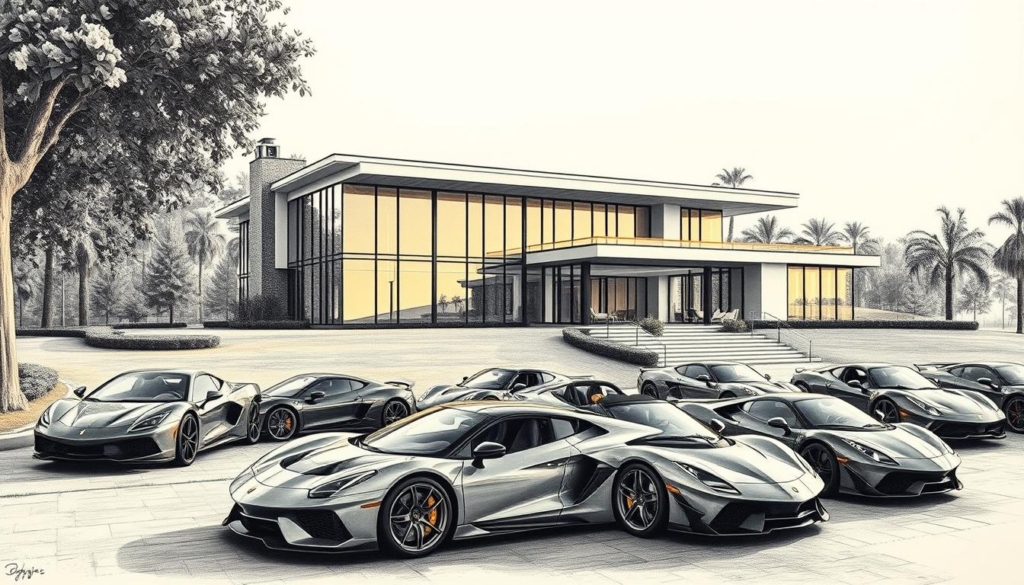 A luxurious modern mansion nestled in a lush, manicured landscape, its sleek lines and expansive glass facades bathed in warm, golden light. In the foreground, a meticulously curated collection of high-performance sports cars, their glossy finishes and intricate details rendered in striking monochrome. The composition captures the essence of wealth, power, and the pursuit of the finer things in life, a testament to the remarkable success and personal indulgences of its owner, David Goggins. Subtle pops of color accentuate key elements, drawing the eye to the remarkable details of this extraordinary lifestyle. A luxurious modern mansion nestled in a lush, manicured landscape, its sleek lines and expansive glass facades bathed in warm, golden light. In the foreground, a meticulously curated collection of high-performance sports cars, their glossy finishes and intricate details rendered in striking monochrome. The composition captures the essence of wealth, power, and the pursuit of the finer things in life, a testament to the remarkable success and personal indulgences of its owner, David Goggins. Subtle pops of color accentuate key elements, drawing the eye to the remarkable details of this extraordinary lifestyle.