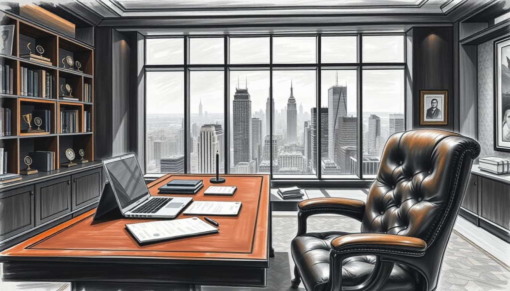 A luxurious office setting, with a large mahogany desk and leather chair in the foreground. On the desk, a laptop, papers, and a stack of cash, hinting at the financial success of the subject. In the middle ground, a sleek, modern bookshelf filled with financial books and awards. The background features a large window overlooking a bustling cityscape, suggesting the subject's wealth and influence. The entire scene is rendered in a moody, monochromatic palette, with subtle pops of color, such as the golden accents on the desk and the vibrant city lights in the distance, creating a sense of sophistication and power. A luxurious office setting, with a large mahogany desk and leather chair in the foreground. On the desk, a laptop, papers, and a stack of cash, hinting at the financial success of the subject. In the middle ground, a sleek, modern bookshelf filled with financial books and awards. The background features a large window overlooking a bustling cityscape, suggesting the subject's wealth and influence. The entire scene is rendered in a moody, monochromatic palette, with subtle pops of color, such as the golden accents on the desk and the vibrant city lights in the distance, creating a sense of sophistication and power.