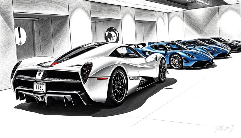 A luxurious showroom displaying an array of sleek, high-performance Pagani supercars, their graceful silhouettes capturing the essence of Italian automotive artistry. The foreground features a gleaming Zonda in striking pearlescent white, its curvaceous bodywork illuminated by dramatic chiaroscuro lighting. In the middle ground, a Huayra in deep metallic blue stands poised, its sculpted carbon-fiber panels casting intricate shadows. The background showcases a lineup of other Pagani models, their distinctive designs hinting at the brand's uncompromising attention to detail. The scene is rendered in a striking black-and-white palette, with subtle pops of color accentuating the vehicles' premium materials and finishes. A luxurious showroom displaying an array of sleek, high-performance Pagani supercars, their graceful silhouettes capturing the essence of Italian automotive artistry. The foreground features a gleaming Zonda in striking pearlescent white, its curvaceous bodywork illuminated by dramatic chiaroscuro lighting. In the middle ground, a Huayra in deep metallic blue stands poised, its sculpted carbon-fiber panels casting intricate shadows. The background showcases a lineup of other Pagani models, their distinctive designs hinting at the brand's uncompromising attention to detail. The scene is rendered in a striking black-and-white palette, with subtle pops of color accentuating the vehicles' premium materials and finishes.