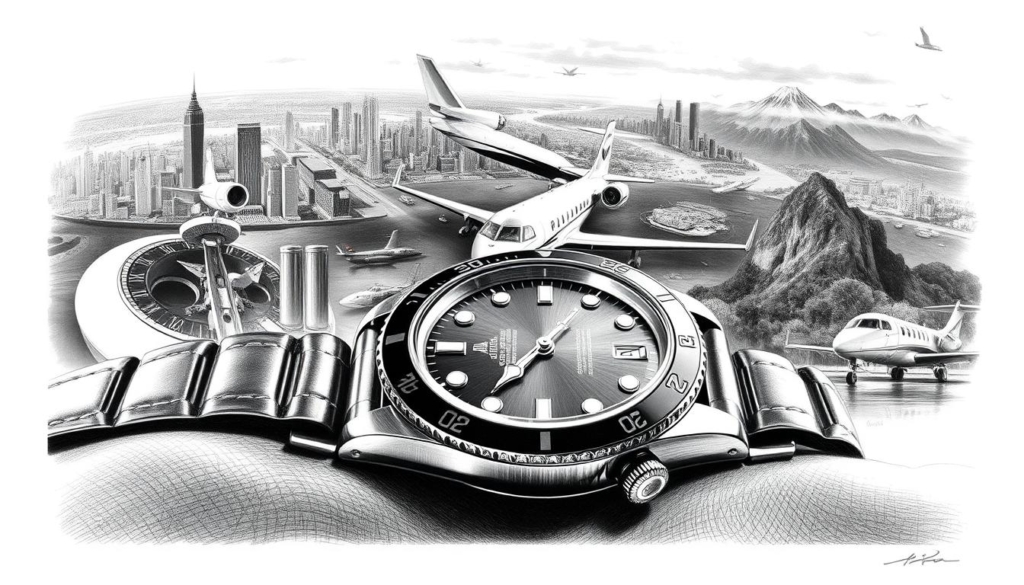 A luxurious world of Rolex watches, private jets, and exotic travels unfolds before the viewer. In the foreground, a gleaming Rolex Submariner rests on a supple leather strap, its reflections capturing the essence of opulence. In the middle ground, a private jet takes off against a backdrop of sprawling cityscapes, hinting at the effortless mobility of the wealthy. The background is a montage of picturesque destinations, from pristine beaches to towering mountains, representing the boundless adventures that the Rolex lifestyle affords. The image is rendered in a striking black and white palette, punctuated by selective pops of color, creating a sense of timeless elegance and sophistication. This artwork captures the essence of a lavish lifestyle, befitting the subject of Matthias Mangiapane's extraordinary wealth and expenditures.