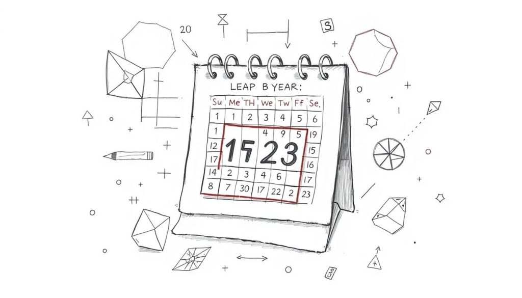 A meticulous, hand-drawn illustration depicting the calculation of a leap year birthday. The focal point is a calendar page with a highlighted date, surrounded by geometric shapes, mathematical symbols, and intricate line work. The scene is rendered in a muted, monochromatic palette with strategic pops of color to draw the eye. The overall aesthetic is cerebral and technical, reflecting the analytical nature of the subject matter. Subtle shadows and a slightly aged texture lend an air of authority and attention to detail. The composition is balanced and visually engaging, guiding the viewer through the key elements of this specialized age calculation.