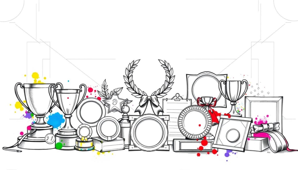 A meticulously crafted black and white illustration depicting an assortment of prestigious awards and honors, rendered with precise pencil strokes and punctuated by vibrant splashes of color. The foreground features a collection of trophy cups, medallions, and certificates, each capturing a sense of achievement and recognition. The middle ground showcases elegant laurel wreaths and ribbons, conveying a celebratory atmosphere. In the background, a minimalist backdrop of geometric patterns and clean lines provides a sophisticated balance, allowing the accolades to take center stage. The overall composition exudes a sense of prestige, hard-earned success, and the critical acclaim that has been bestowed upon the subject. A meticulously crafted black and white illustration depicting an assortment of prestigious awards and honors, rendered with precise pencil strokes and punctuated by vibrant splashes of color. The foreground features a collection of trophy cups, medallions, and certificates, each capturing a sense of achievement and recognition. The middle ground showcases elegant laurel wreaths and ribbons, conveying a celebratory atmosphere. In the background, a minimalist backdrop of geometric patterns and clean lines provides a sophisticated balance, allowing the accolades to take center stage. The overall composition exudes a sense of prestige, hard-earned success, and the critical acclaim that has been bestowed upon the subject.
