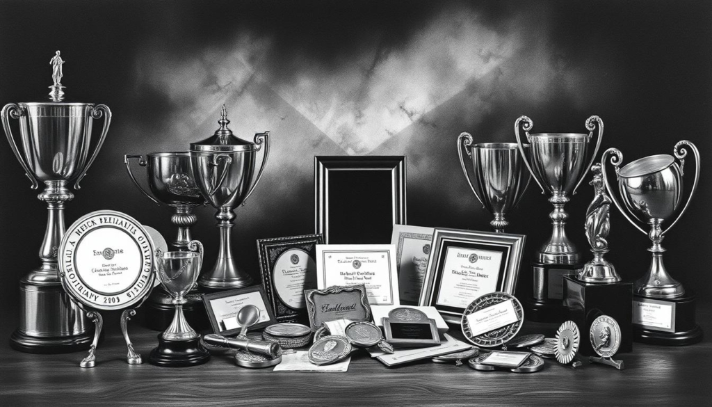 A meticulously crafted still-life arrangement of musical awards, trophies, and honors, cast in a moody, high-contrast black-and-white palette with selective pops of color. The foreground features the gleaming metallic forms of prestigious accolades, their surfaces catching the dramatic chiaroscuro lighting. In the middle ground, a scattering of certificates, plaques, and medallions in various shapes and sizes create a sense of depth and varied textures. The background blurs into a shadowy, atmospheric void, allowing the awards to take center stage and command the viewer's attention. The overall composition conveys a sense of prestige, accomplishment, and the weight of a celebrated musical career.