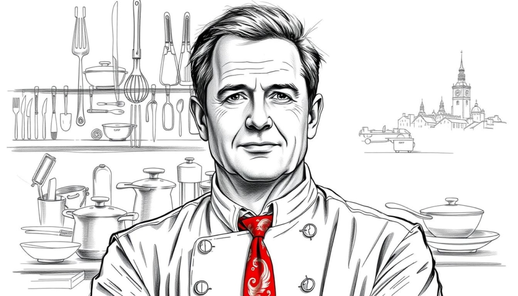 A meticulously detailed black and white sketch of renowned German chef Johann Lafer, his face and torso rendered in soft pencil strokes, punctuated by subtle pops of color highlighting his signature cooking attire - a crisp white chef's coat, a vibrant red necktie, and a sleek silver watch. The background features a layered composition, with a middle ground showcasing an array of culinary tools and kitchen appliances, all drawn with precise technical linework. In the distant background, a hazy silhouette of Lafer's iconic restaurant or cooking studio, hinting at his vast wealth and successful culinary empire. The overall mood is one of refined elegance and professional mastery, perfectly suited to illustrate the article's section on Lafer's financial standing and future prospects.