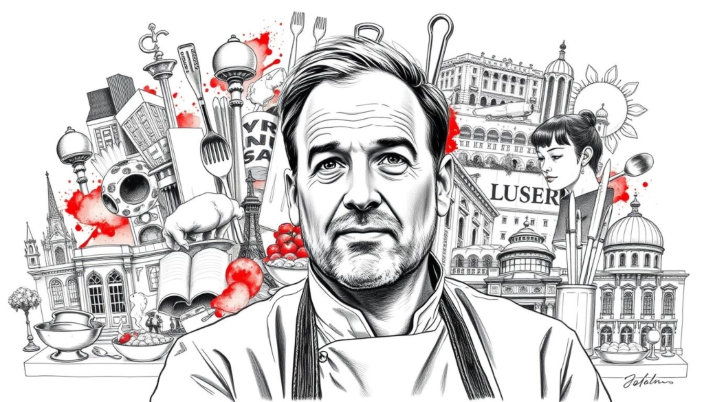 A meticulously rendered black and white illustration depicting Johann Lafer's diverse income sources. In the foreground, a detailed rendering of Lafer himself, his distinct features and expression captured in striking monochrome. Behind him, a middle ground showcasing various elements that represent his culinary empire - cooking utensils, recipe books, and vibrant splashes of color hinting at his renowned dishes. In the background, a collage of architectural elements, landscapes, and symbolic icons alluding to his television appearances, restaurant ventures, and publishing work, all united in a cohesive, visually striking composition. The scene is imbued with a sense of sophistication and careful attention to detail, with strategic pops of color enhancing the overall artistic impact.