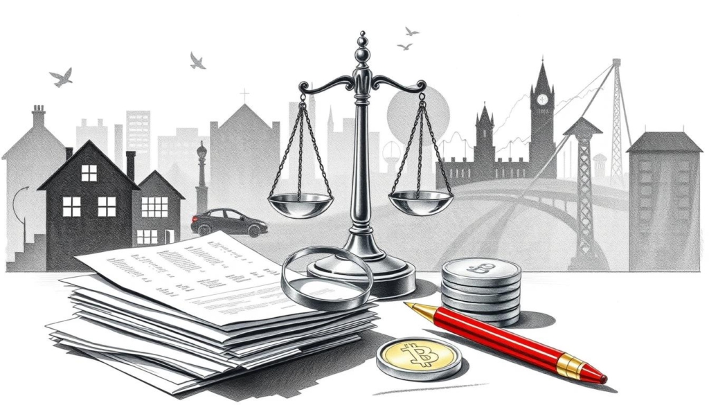 A meticulously rendered black and white illustration showcasing the key factors influencing the wealth of Stine and Marc. In the foreground, a stack of financial documents and a magnifying glass, hinting at the careful analysis of their financial situation. In the middle ground, a pair of scales, symbolizing the balance between threats and drivers of their net worth. In the background, silhouettes of various elements - a house, a car, stock charts - representing the diverse aspects that shape their financial landscape. The scene is illuminated by focused, dramatic lighting, casting sharp shadows and creating a sense of thoughtful introspection. Punctuated with subtle pops of color, such as a red pen or a golden coin, to draw the eye to the most crucial details.