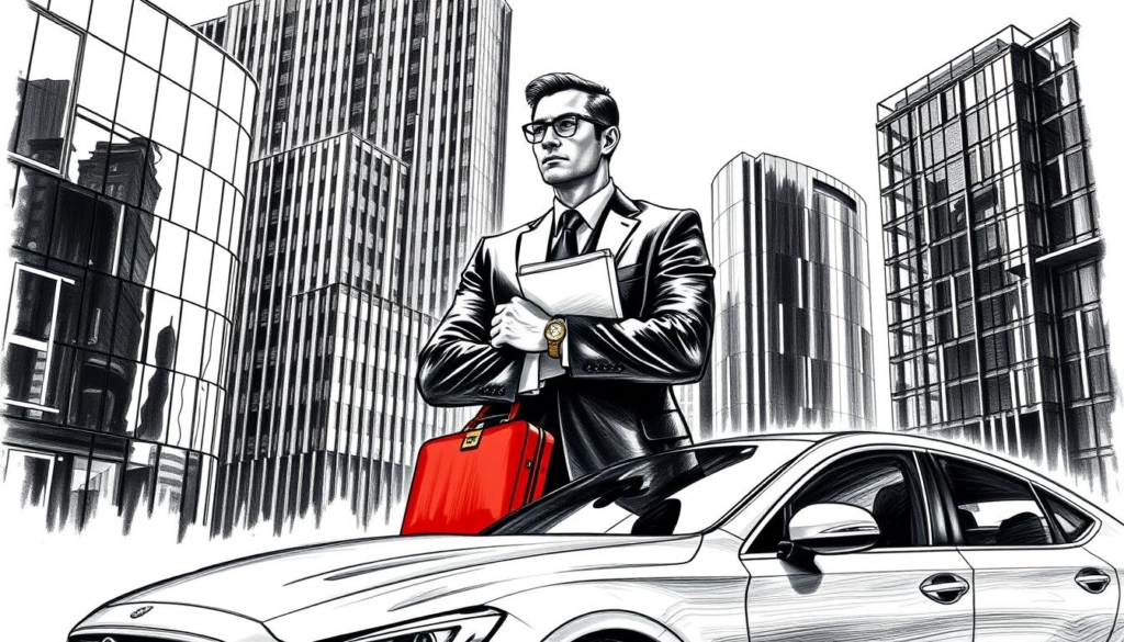 A meticulously rendered, high-contrast black and white sketch of a businessman in a sharp suit standing confidently against a backdrop of sleek, modern office buildings. Sunlight casts dramatic shadows, highlighting his determined expression and a stack of financial documents in his hands. Pops of color emerge in the form of a gold wristwatch, a red briefcase, and the gleaming chrome of a luxury sedan in the foreground, hinting at the subject's business acumen and financial success. The overall scene conveys a sense of strategic planning, wealth generation, and ambitious entrepreneurship.