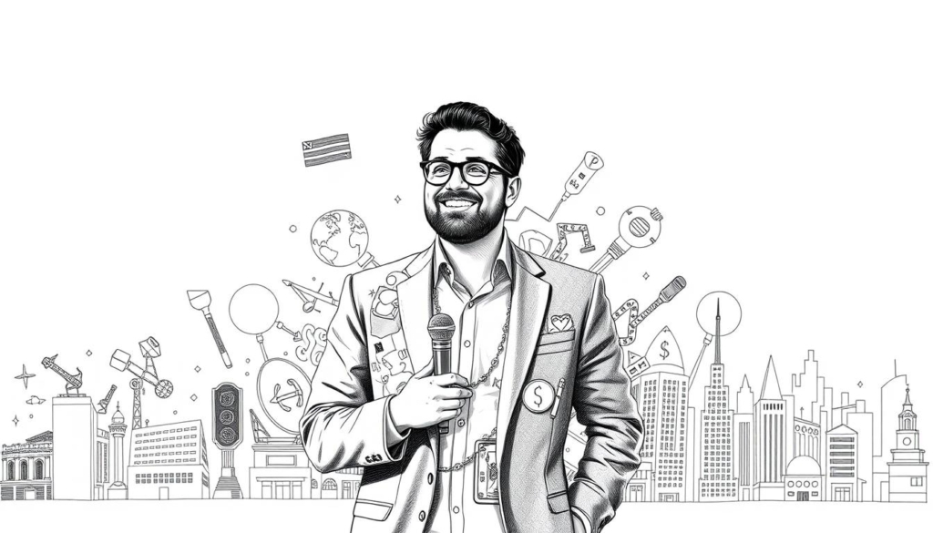 A meticulously rendered illustration depicting the diverse income sources of renowned German comedian Bülent Ceylan. In the foreground, a vibrant array of visual elements symbolize his various professional endeavors - comedy shows, acting roles, endorsements, and media appearances. The middle ground showcases his investment portfolio, with abstract shapes and patterns representing stocks, real estate, and other financial assets. The background features a subtle, monochromatic cityscape, hinting at Ceylan's urban lifestyle and entrepreneurial success. The overall composition exudes a sense of careful planning, meticulous organization, and strategic wealth management, all executed in a striking black-and-white palette with subtle pops of color to draw the eye.