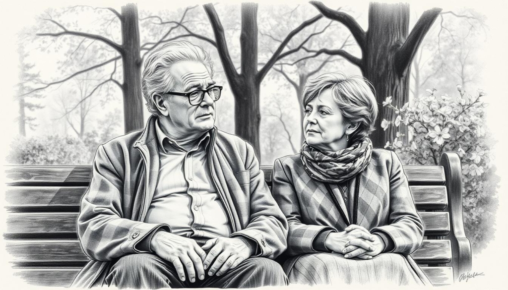 A middle-aged Egon Kowalski and his younger companion Lou Nesbit, sitting together on a park bench, engaged in an intimate conversation. Soft, muted lighting filters through the trees, casting gentle shadows on their pensive expressions. Egon's weathered features contrast with Lou's youthful charm, hinting at the complexity of their relationship. The scene is rendered in a striking black-and-white palette, with subtle pops of color - perhaps a vibrant scarf or a bloom on a nearby bush - adding depth and visual interest. The overall mood is contemplative, inviting the viewer to ponder the dynamics between these two individuals. A middle-aged Egon Kowalski and his younger companion Lou Nesbit, sitting together on a park bench, engaged in an intimate conversation. Soft, muted lighting filters through the trees, casting gentle shadows on their pensive expressions. Egon's weathered features contrast with Lou's youthful charm, hinting at the complexity of their relationship. The scene is rendered in a striking black-and-white palette, with subtle pops of color - perhaps a vibrant scarf or a bloom on a nearby bush - adding depth and visual interest. The overall mood is contemplative, inviting the viewer to ponder the dynamics between these two individuals.