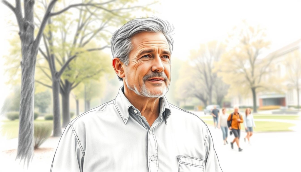 A middle-aged man with a warm, compassionate demeanor stands in a serene, park-like setting. His attentive gaze suggests a deep concern for the well-being of those around him. The scene is rendered in a muted, pencil-sketch style, with bursts of color highlighting the man's thoughtful expression and his surroundings, which convey a sense of tranquility and community engagement. The image exudes a sense of social responsibility and the positive impact of wealth when directed towards meaningful causes.