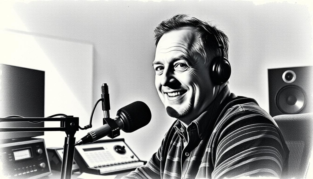 A middle-aged man with a warm, distinctive voice and a friendly expression sits behind a microphone, his silhouette illuminated by a soft, moody lighting. The background is a minimalist black-and-white studio setting, with subtle hints of color in the form of a retro mixing console or other radio equipment. The man's features are sharply defined, capturing the essence of a seasoned radio personality known for his passion for German schlager music. The overall atmosphere conveys a sense of professionalism, attention to detail, and a touch of nostalgia, reflecting the subject's longstanding career as the "voice of schlager" on the airwaves.