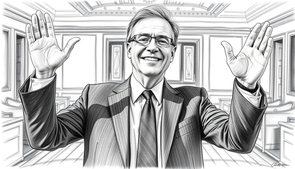 A middle-aged man with a warm, friendly expression stands in the foreground, dressed in a sharp suit and tie. His hands are raised in a dramatic gesture, as if in the midst of an impassioned auction. Behind him, a simple, well-lit auction room with wooden floors and walls comes into focus, creating a sense of professional setting. The lighting is soft and natural, casting subtle shadows that highlight the man's features. The composition draws the viewer's attention to the auctioneer, conveying a sense of authority and expertise. bitte alles in Bleistift schwarz weiss mit punktuellen farbigen Akzenten.