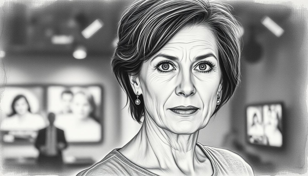 A middle-aged woman with striking features and a captivating gaze stands in the foreground, her expression conveying a sense of quiet confidence. Behind her, a softly blurred background reveals glimpses of a television studio, hinting at her career in German television. The lighting is muted, creating a pensive, contemplative mood, with strategic pops of color drawing the eye to key details. The overall tone is a striking black and white palette, punctuated by subtle splashes of color that add depth and visual interest. The composition and angles suggest a thoughtful, artistic approach, capturing the essence of this accomplished actress's television success.