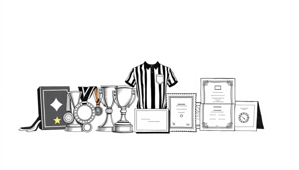 A minimalist black and white illustration depicting a collection of referee awards and accolades, including medals, trophies, and certificates, artfully arranged against a clean background. Subtle pops of color, such as golden or silver highlights, add visual interest and draw the eye to the key elements. The overall mood is one of prestige and achievement, reflecting the hard work and dedication of the referee being profiled in the article.