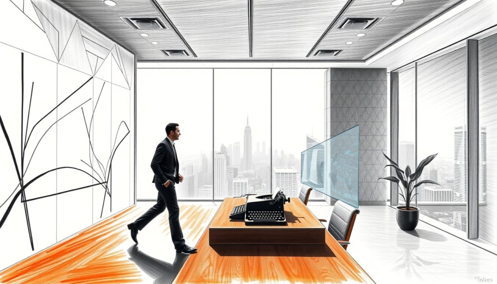 A modern corporate office, its walls adorned with sleek monochrome designs and abstract geometric patterns. In the foreground, a stylized silhouette of a business leader strides confidently, casting a sharp, angular shadow. The middle ground showcases a blend of traditional and innovative elements - a vintage typewriter sits atop a polished mahogany desk, while a holographic display projects dynamic data visualizations. The background reveals a panoramic cityscape, its skyline punctuated by towering glass-and-steel structures, symbolizing the company's evolution and its embrace of progress. The overall composition conveys a sense of balance between timeless tradition and cutting-edge modernization, with strategic pops of color - perhaps a crimson accent or a verdant plant - adding depth and vibrancy to the scene.