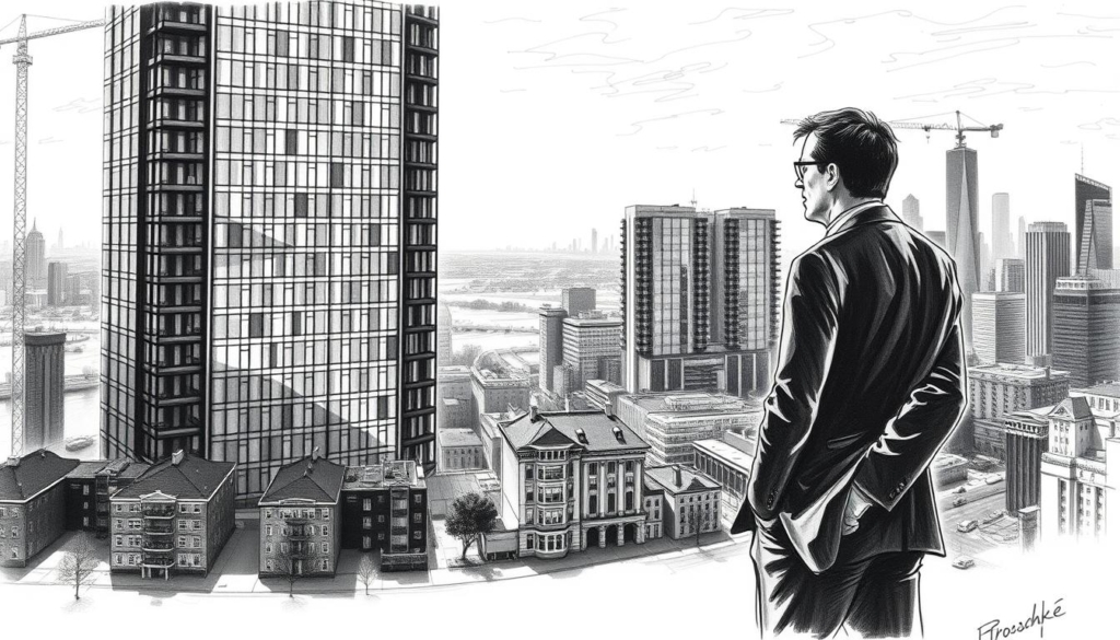 A modern high-rise building with sleek glass and steel construction, casting long shadows across a bustling city landscape. The scene is rendered in a striking black and white palette, with selective pops of color accentuating architectural details and the reflective surfaces. In the foreground, a well-dressed businessman, Aaron Troschke, stands confidently, his gaze fixed on the towering structure before him - a symbol of his real estate investment prowess. The middle ground features various residential and commercial properties, each with its own unique character. In the distant background, a skyline of skyscrapers and cranes hints at the dynamic urban environment. The overall mood conveys a sense of power, wealth, and the successful convergence of Troschke's real estate savvy and strategic vision.