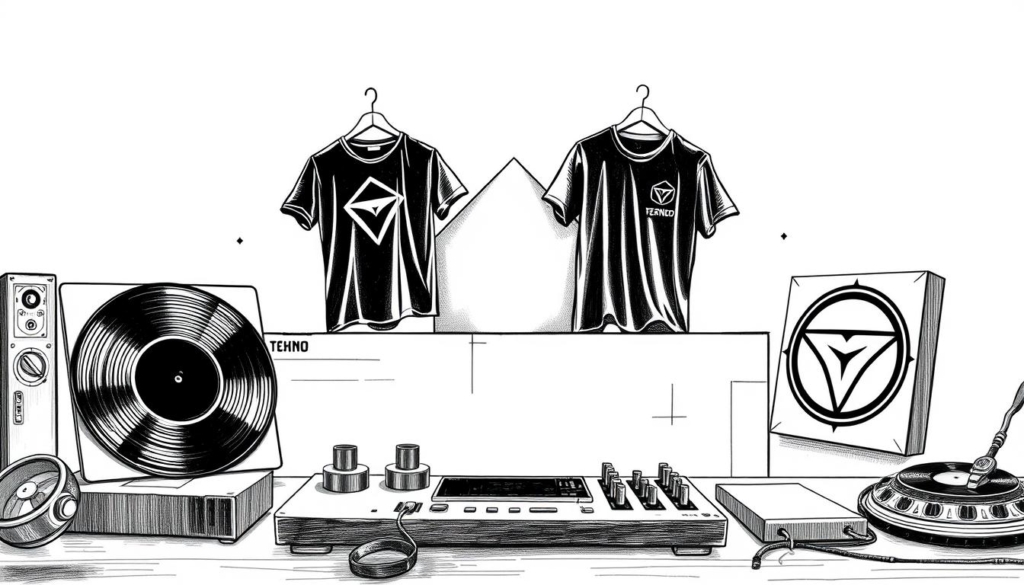 A modern, minimalist illustration of various Techno-star merchandise items presented against a clean, monochromatic backdrop. In the foreground, a series of merchandise pieces are displayed, including a vinyl record, t-shirt, and a stylized logo, all rendered in a distinctive black-and-white palette with occasional pops of color. The mid-ground features a clean, geometric layout with hints of industrial textures, while the background maintains a simple, uncluttered aesthetic, allowing the merchandise to take center stage. The overall composition conveys a sense of high-end, sophisticated merchandising for a successful Techno artist. A modern, minimalist illustration of various Techno-star merchandise items presented against a clean, monochromatic backdrop. In the foreground, a series of merchandise pieces are displayed, including a vinyl record, t-shirt, and a stylized logo, all rendered in a distinctive black-and-white palette with occasional pops of color. The mid-ground features a clean, geometric layout with hints of industrial textures, while the background maintains a simple, uncluttered aesthetic, allowing the merchandise to take center stage. The overall composition conveys a sense of high-end, sophisticated merchandising for a successful Techno artist.