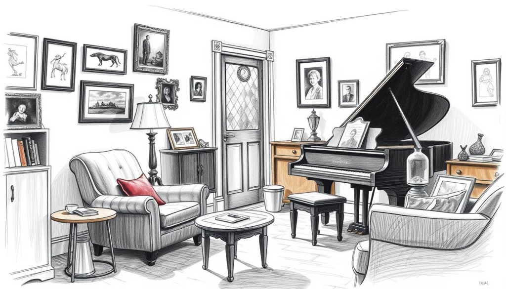 A modest, cozy living room with a well-worn armchair and a simple wooden table, illuminated by soft, diffused lighting. In the corner, a grand piano hints at a passion for the arts, contrasting with the overall simplicity. Framed photographs and mementos on the walls tell a story of a life lived with intention, not excess. The scene exudes a sense of contentment, a balance between luxury and restraint, reflecting the lifestyle of its owner.