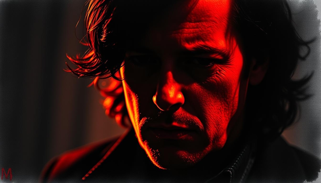 A moody, atmospheric portrait of Jack White, acclaimed musikproduzent, set against a softly blurred background. His face is illuminated by warm, dramatic lighting, capturing his focused expression and the discovery of a new musical voice. The composition is balanced, with the subject positioned slightly off-center, allowing for negative space and subtle pops of color to draw the eye. The overall aesthetic is a striking black and white palette, with muted tones and careful use of color accents to create a sense of depth and texture.
