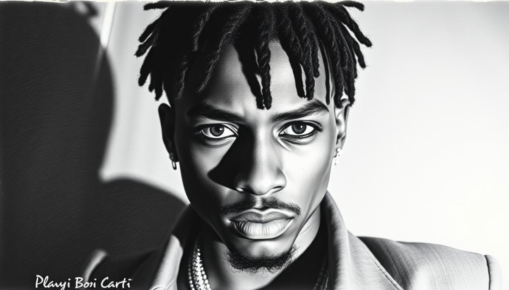 A moody black and white portrait of Playboi Carti, captured in a pensive, almost brooding expression. The lighting is dramatic, casting shadows that accentuate the rapper's striking features. The background is slightly blurred, with hints of color in the periphery, adding a sense of depth and intimacy. The image conveys a sense of Carti's private life, hinting at the complexities and controversies that surround his relationships and personal affairs. A moody black and white portrait of Playboi Carti, captured in a pensive, almost brooding expression. The lighting is dramatic, casting shadows that accentuate the rapper's striking features. The background is slightly blurred, with hints of color in the periphery, adding a sense of depth and intimacy. The image conveys a sense of Carti's private life, hinting at the complexities and controversies that surround his relationships and personal affairs.