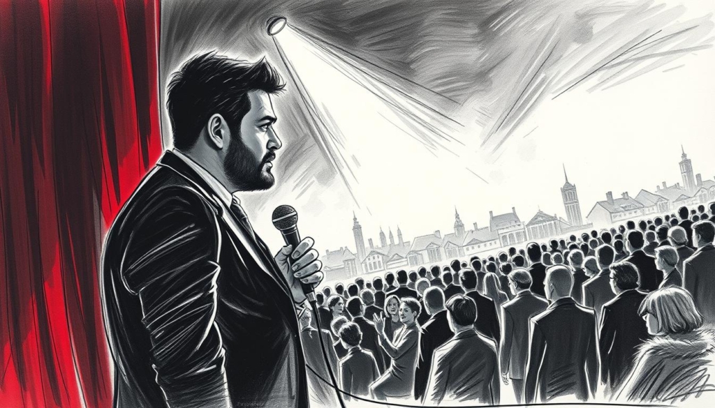 A moody, black-and-white sketch of Olaf Schubert's rise to comedy stardom. In the foreground, a determined Olaf stands with a microphone, his face etched with focus. Behind him, a spotlight illuminates the stage, casting dramatic shadows. In the middle ground, the audience is a blur of faces, their applause suggested by gestural lines. In the background, a cityscape of rooftops and distant skyscrapers, hinting at the hard-won journey to this moment. Pops of color - a red curtain, a glint of gold on the mic - draw the eye, highlighting the hard-earned success. An atmospheric, cinematic scene capturing Olaf's grit and triumph.