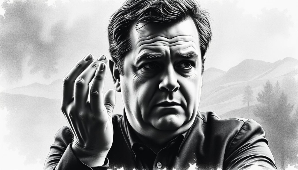 A moody, introspective portrait of Paul Potts, the famous opera singer, contemplating his future musical projects. Rendered in a striking black and white palette with pops of color to draw the eye. The foreground features a close-up of Potts' face, his brow furrowed in deep thought. The middle ground shows his hands, long and expressive, as if conducting an unseen orchestra. The background is a hazy, dreamlike landscape, hinting at the grand, ambitious scope of Potts' upcoming Zukunft Projekte. Dramatic chiaroscuro lighting casts dramatic shadows, creating an air of mystery and anticipation. The overall tone is one of quiet determination and artistic vision.