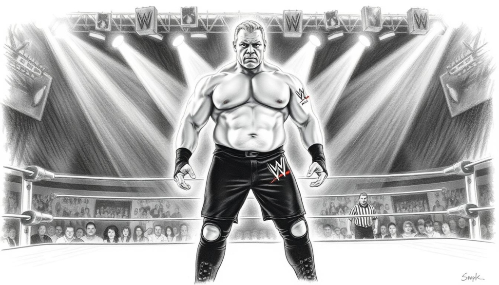 A muscular Brock Lesnar, clad in his signature black shorts and boots, stands tall in the center of a wrestling ring. His intense gaze exudes determination as he prepares to make his grand return to the WWE. The arena is dimly lit, casting dramatic shadows across his rugged features. Spotlights focus on him, illuminating his chiseled physique with a mixture of stark black and white tones, punctuated by strategic splashes of color that highlight his tattoos and the WWE logo on his gear. The crowd in the background is a blur of activity, their excitement palpable. This image captures the anticipation and power of Brock Lesnar's highly anticipated comeback to the world of professional wrestling.