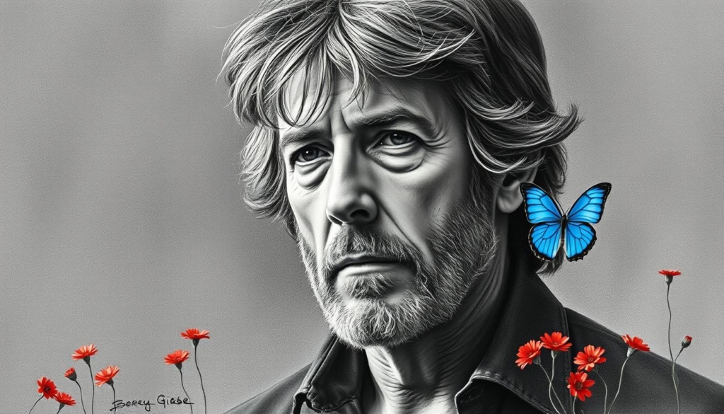 A pensive Barry Gibb, his iconic Bee Gees coiffure framing his weathered face, gazes pensively into the distance. Soft, dramatic lighting casts deep shadows, accentuating the gravity of his expression. The background is a muted, textured field of graphite grey, allowing the subject to command the frame. Subtle splashes of color - a vibrant blue butterfly, a smattering of scarlet flowers - punctuate the otherwise monochromatic scene, evoking the depth and nuance of Gibb's hard-won life lessons. This intimate portrait captures the quiet contemplation of a legendary artist reflecting on the wisdom accrued over a lifetime in the spotlight.