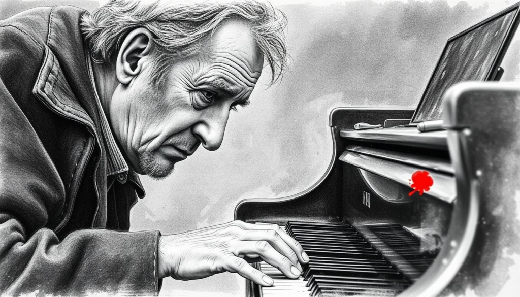 A pensive Helge Schneider, lost in contemplation, his weathered face a study in shadow and light. His fingers caress the keys of a vintage piano, the instrument a conduit for his philosophical musings on the nature of art, music, and the human condition. The background blurs, focusing the viewer's attention on this enigmatic figure, his expression simultaneously serene and profound. Wisps of color - a splash of red, a hint of gold - accent the otherwise monochromatic scene, like fleeting glimpses of the artist's inner world. This is Helge Schneider, the musician as philosopher, a master of his craft who transcends the material to explore the mysteries of the spirit.