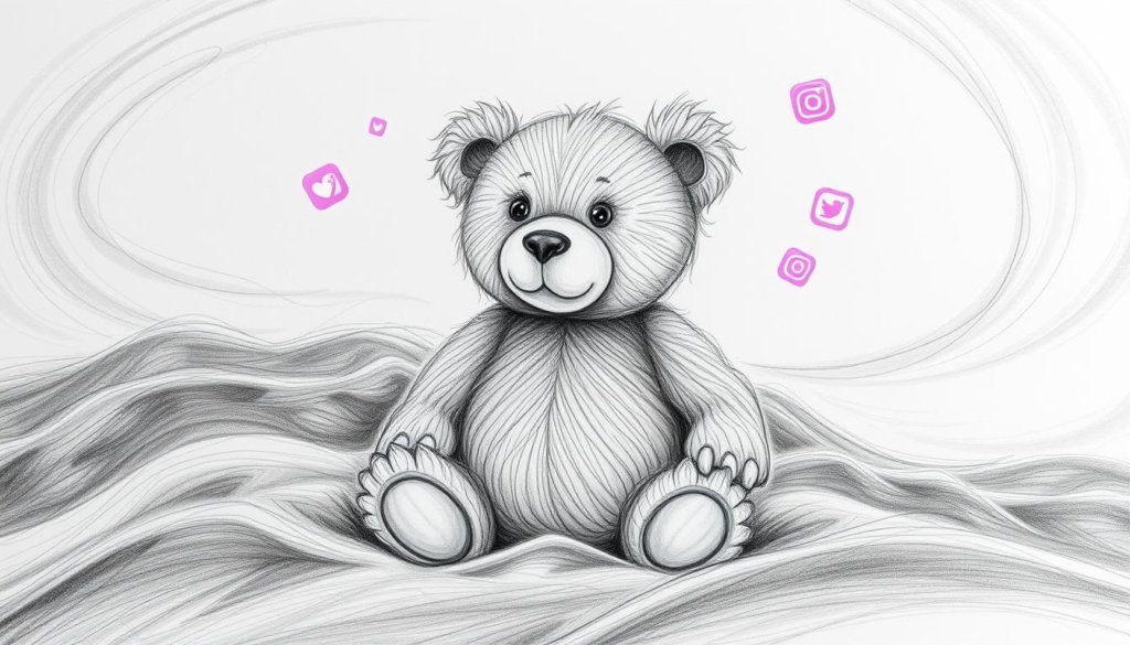 A pensive teddy bear sits amidst a swirling, monochromatic landscape. Its eyes gaze thoughtfully into the distance, reflecting on the influence of social media on its newfound success. The bear's form is rendered in delicate pencil strokes, save for strategic bursts of color that highlight its digital impact. Shades of grey envelop the scene, punctuated by vibrant digital icons and symbols that dance across the frame, hinting at the bear's digital footprint. A sense of contemplation and ambiguity permeates the composition, inviting the viewer to ponder the bear's transformation and the balance between traditional and modern success.
