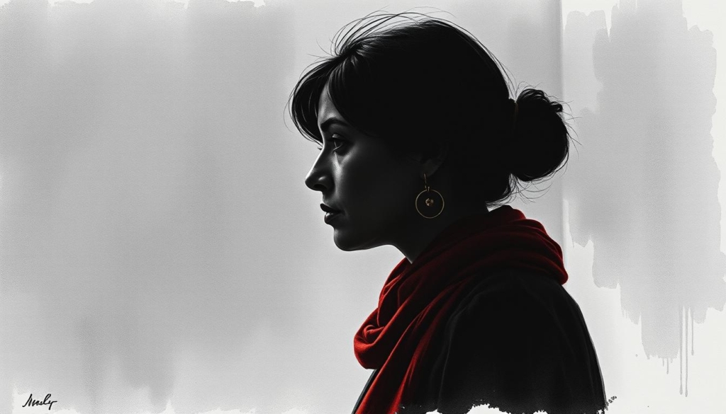 A pensive woman stands in a dimly lit room, her profile cast in stark contrast. Her gaze is distant, contemplative, as she navigates the intersection of her private life and public perception. Muted tones of gray and black dominate the scene, punctuated by subtle splashes of color - a vibrant red scarf, a golden pendant, a hint of azure in the background. The lighting is low and moody, casting shadows that accentuate the woman's introspective expression. The composition is balanced, with the subject occupying the foreground, surrounded by a blurred, ambiguous environment that suggests the complexity of her situation. The overall mood is one of quiet introspection, a visual representation of the delicate balance between one's inner world and the external gaze.