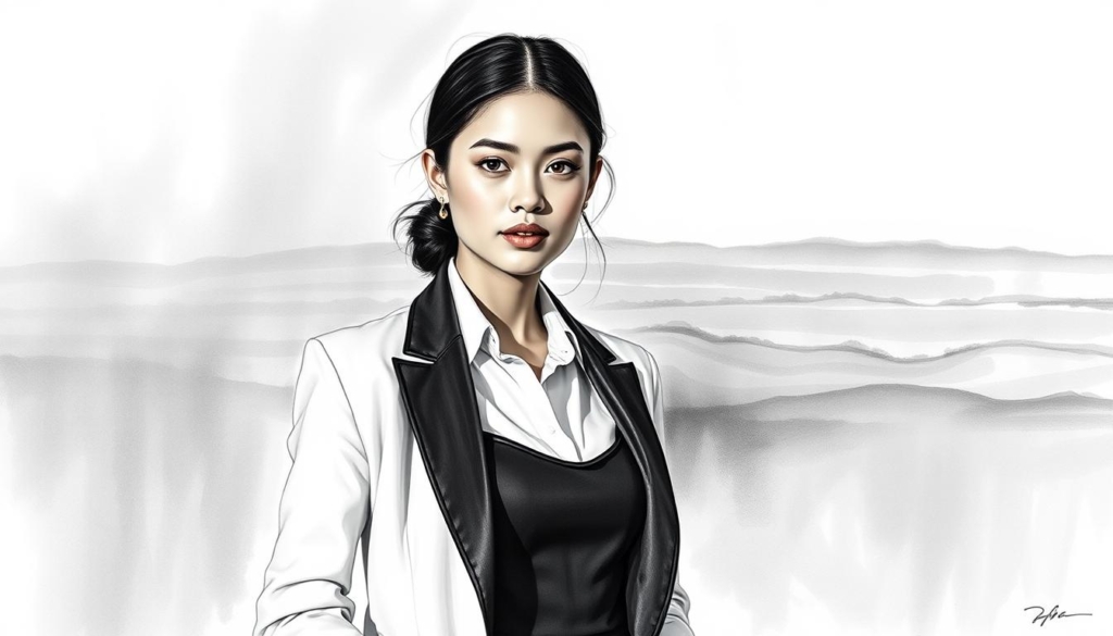 A poised and polished young woman stands confidently, her posture exuding grace and poise. Dressed in a chic, monochromatic ensemble, she emanates a sense of refined elegance. Soft, natural lighting illuminates her face, accentuating her striking features and serene expression. In the background, a minimalist, abstract landscape unfolds, hinting at her transformation from a niche persona to a mainstream personality. Subtle pops of color, perhaps a vibrant accessory or a muted floral, add depth and visual interest to the otherwise black and white composition. The overall atmosphere conveys a sense of reinvention, a poignant shift in personal and professional identity. A poised and polished young woman stands confidently, her posture exuding grace and poise. Dressed in a chic, monochromatic ensemble, she emanates a sense of refined elegance. Soft, natural lighting illuminates her face, accentuating her striking features and serene expression. In the background, a minimalist, abstract landscape unfolds, hinting at her transformation from a niche persona to a mainstream personality. Subtle pops of color, perhaps a vibrant accessory or a muted floral, add depth and visual interest to the otherwise black and white composition. The overall atmosphere conveys a sense of reinvention, a poignant shift in personal and professional identity.