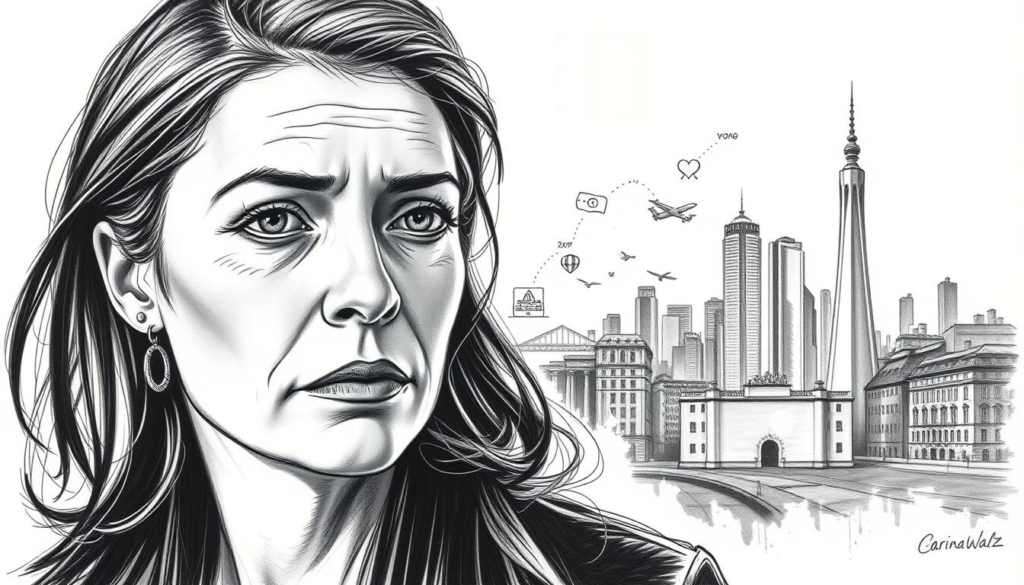 A portrait of Carina Walz, her professional journey captured in a striking black-and-white sketch with subtle pops of color. In the foreground, a pensive Carina gazes intently, her expression conveying both determination and grace. The middle ground showcases key milestones, from academic achievements to her burgeoning career, each represented by carefully rendered icons and symbols. The background depicts a minimalist cityscape, hinting at the urban landscape that has shaped her path. Dramatic lighting casts dramatic shadows, lending an air of introspection and depth to the composition. The overall mood is one of quiet contemplation, inviting the viewer to explore the multifaceted life of this remarkable woman beyond the headlines. A portrait of Carina Walz, her professional journey captured in a striking black-and-white sketch with subtle pops of color. In the foreground, a pensive Carina gazes intently, her expression conveying both determination and grace. The middle ground showcases key milestones, from academic achievements to her burgeoning career, each represented by carefully rendered icons and symbols. The background depicts a minimalist cityscape, hinting at the urban landscape that has shaped her path. Dramatic lighting casts dramatic shadows, lending an air of introspection and depth to the composition. The overall mood is one of quiet contemplation, inviting the viewer to explore the multifaceted life of this remarkable woman beyond the headlines.