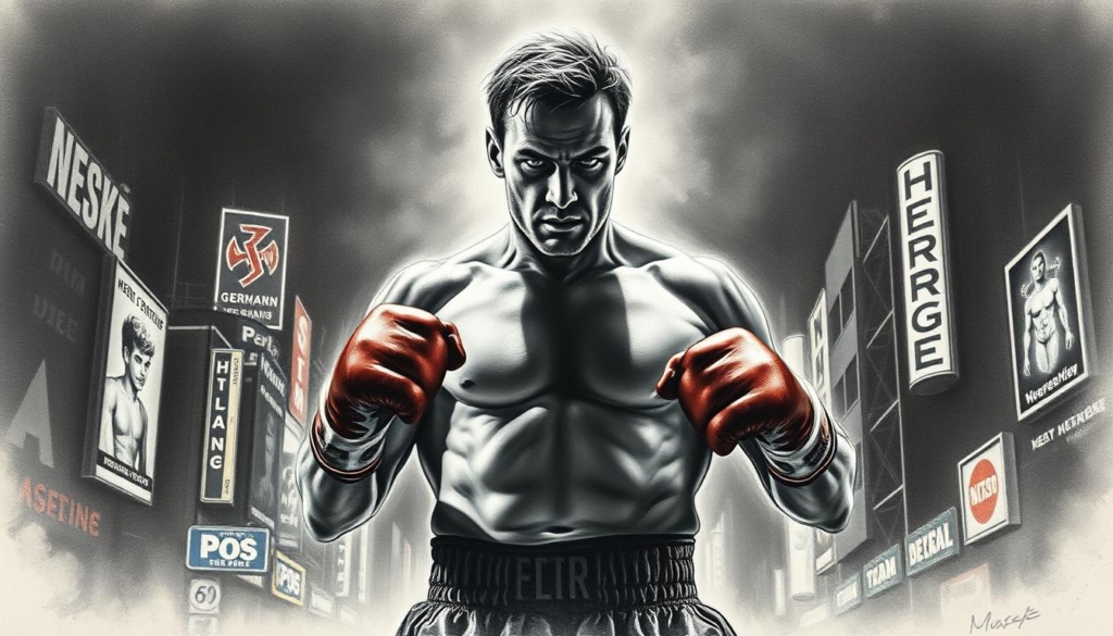 A portrait of Henry Maske, the renowned German professional boxer and former World Heavyweight Champion. Standing tall in a boxing stance, Maske's muscular frame is illuminated by a dramatic chiaroscuro lighting, casting deep shadows that accentuate his determined expression. The background is a moody, graphite-hued cityscape, with punctuated splashes of color in the form of neon signs and billboards, hinting at the bright lights and spectacle of the boxing world. The image conveys a sense of power, resilience, and the hard-earned triumph of Maske's illustrious professional career. A portrait of Henry Maske, the renowned German professional boxer and former World Heavyweight Champion. Standing tall in a boxing stance, Maske's muscular frame is illuminated by a dramatic chiaroscuro lighting, casting deep shadows that accentuate his determined expression. The background is a moody, graphite-hued cityscape, with punctuated splashes of color in the form of neon signs and billboards, hinting at the bright lights and spectacle of the boxing world. The image conveys a sense of power, resilience, and the hard-earned triumph of Maske's illustrious professional career.