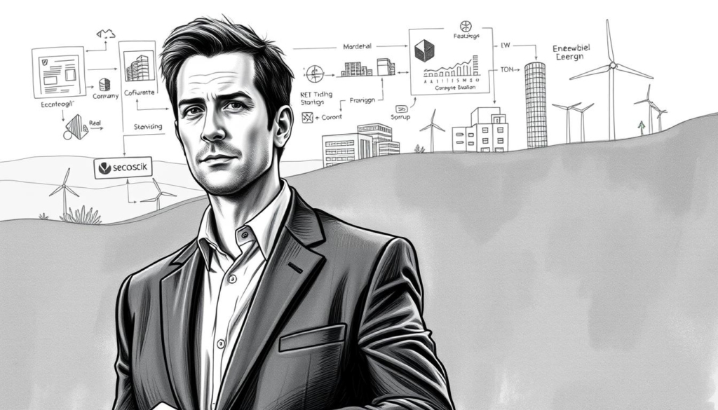 A portrait of Sebastian Lege, a successful German entrepreneur, showcasing his business ventures. In the foreground, a detailed sketch of Lege in a pensive pose, dressed in a sharp suit. Behind him, a series of technical diagrams and schematics depicting his various commercial projects - a software company, a real estate development, and a renewable energy startup. The background is a minimalist landscape, rendered in grayscale with subtle splashes of color highlighting key elements like company logos and financial charts. The overall tone is one of calculated ambition and thoughtful innovation, reflecting Lege's strategic approach to his entrepreneurial activities. A portrait of Sebastian Lege, a successful German entrepreneur, showcasing his business ventures. In the foreground, a detailed sketch of Lege in a pensive pose, dressed in a sharp suit. Behind him, a series of technical diagrams and schematics depicting his various commercial projects - a software company, a real estate development, and a renewable energy startup. The background is a minimalist landscape, rendered in grayscale with subtle splashes of color highlighting key elements like company logos and financial charts. The overall tone is one of calculated ambition and thoughtful innovation, reflecting Lege's strategic approach to his entrepreneurial activities.